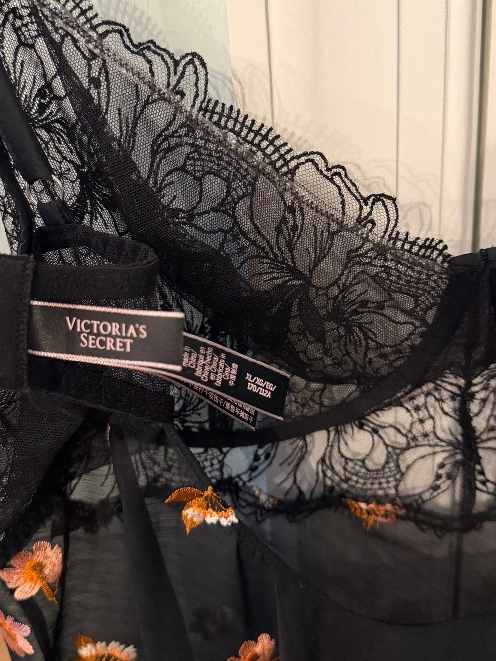 Victoria’s Secret Floral Embroidered Lace Babydoll Chemise XL Black Mesh